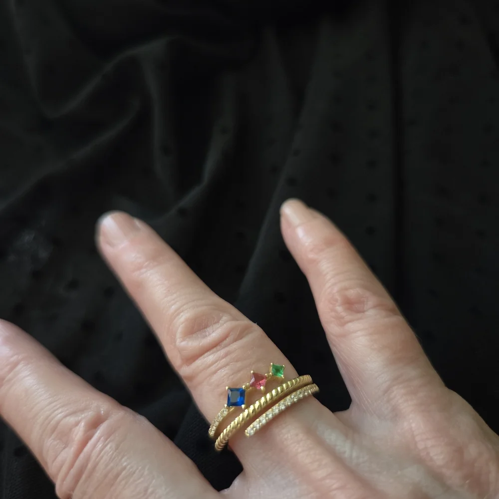 Sterling silver triple loop ring with Blue, Pink and Green Stone - Picture 9 of 12